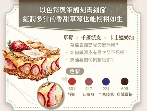 草莓千層派作品細節與色彩分解示意
