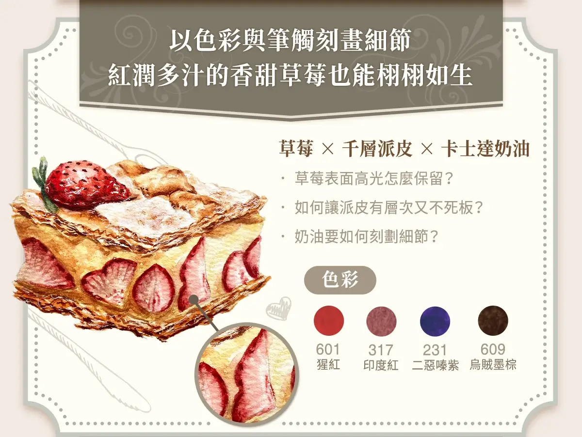 草莓千層派作品細節與色彩分解示意