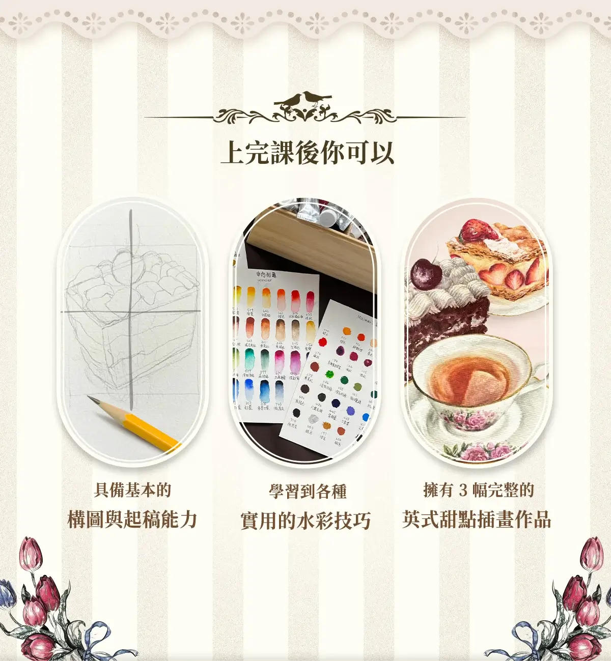 課程成果展示，具備構圖與起稿能力，並完成三幅英式甜點主題水彩插畫作品。