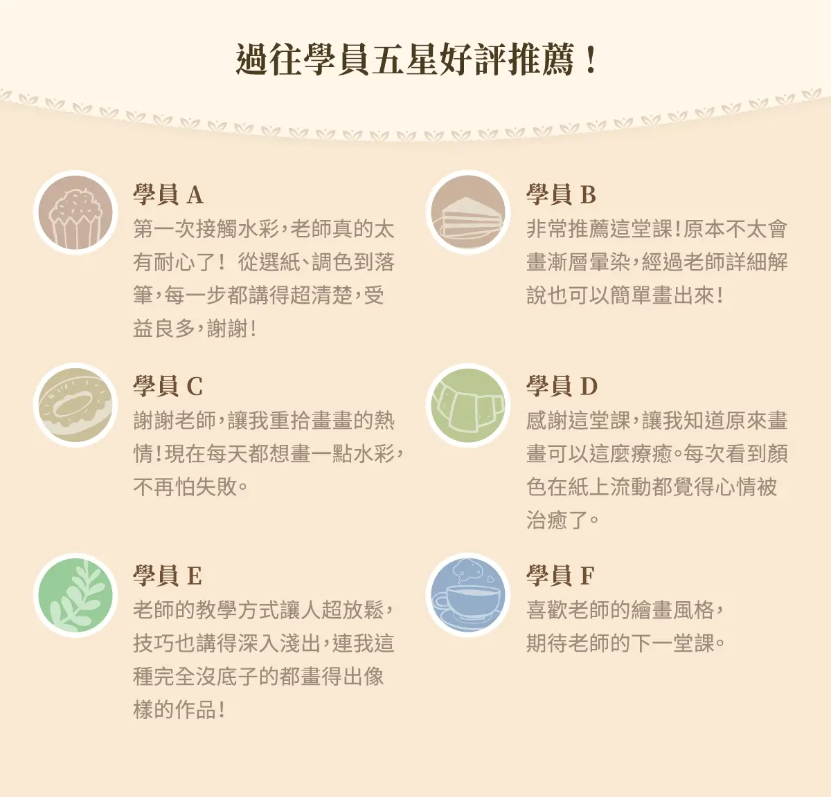學員好評回饋，推薦水彩插畫課程內容豐富、教學實用、收穫滿滿。