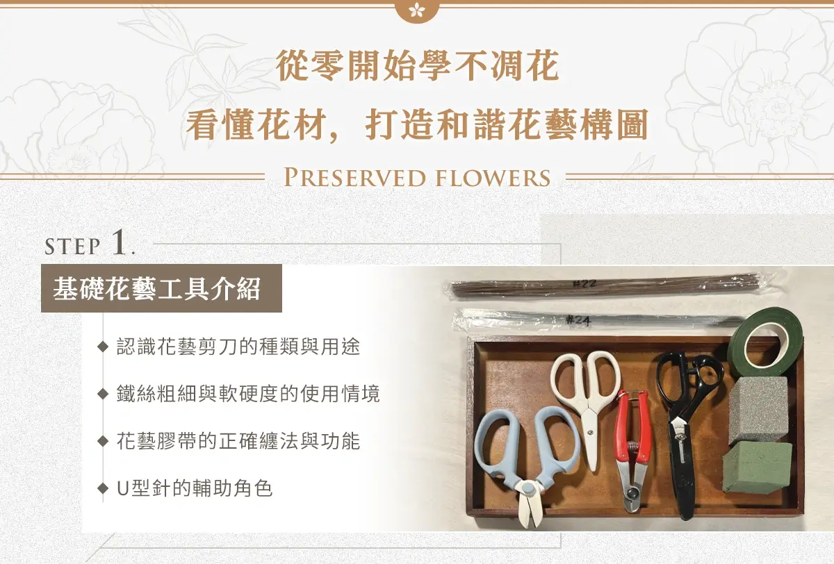 基礎花藝工具教學｜花藝剪刀種類與用途、鐵絲選用技巧、花藝膠帶正確纏法與U型針使用說明。