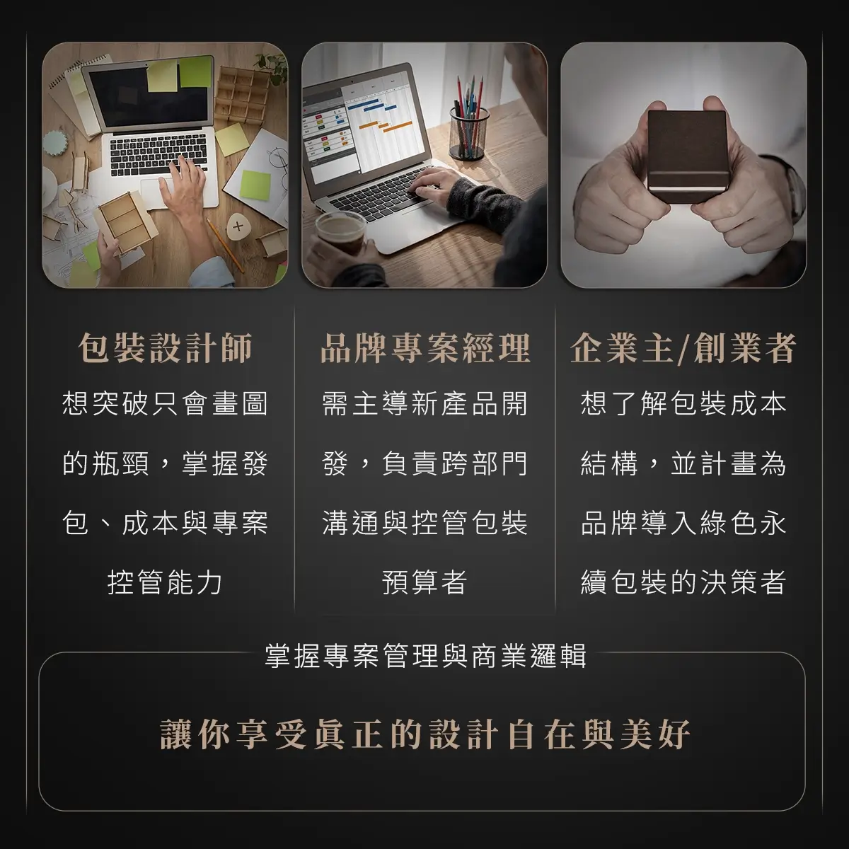 課程適合對象:包裝設計師、品牌專案經理、企業主與創業者三大族群說明