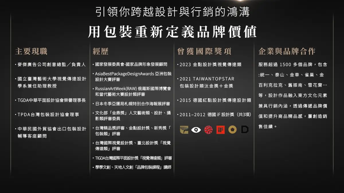 講師陳進東主要現職、經歷、國際得獎紀錄與合作品牌(統一、泰山、金車、雀巢等)一覽