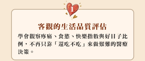1.客觀的生活品質評估:學會觀察疼痛、食慾、快樂指數與好日子比例，不再只靠「還吃不吃」來做艱難的醫療決策。